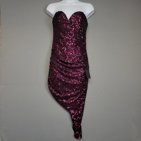 Lulus Dress Womens Medium Purple Sequin Strapless Asymmetrical Ruched Cocktail - Picture 1 of 16